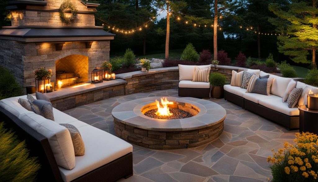 Interlocking patio design with outdoor furniture and lighting